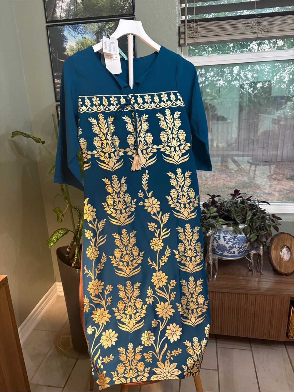 Women's Teal Midi Dress with Gold Floral Print